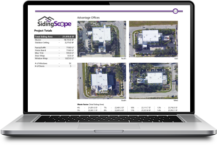 Laptop displaying a SidingScope exterior siding measurement report, showing precise wall dimensions and material data for accurate siding estimates and ordering on sidingscope.com